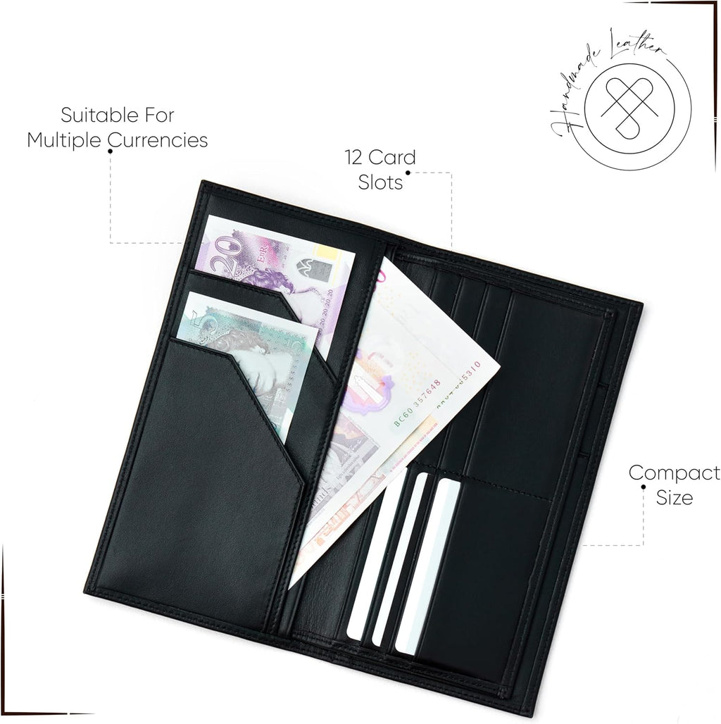 Passport Holder Travel Wallet for Men & Women, RFID Handcrafted Full Grain Leather Cover, 12 Card Slots & 4 Compartments, Gift Box & Pouch, Black