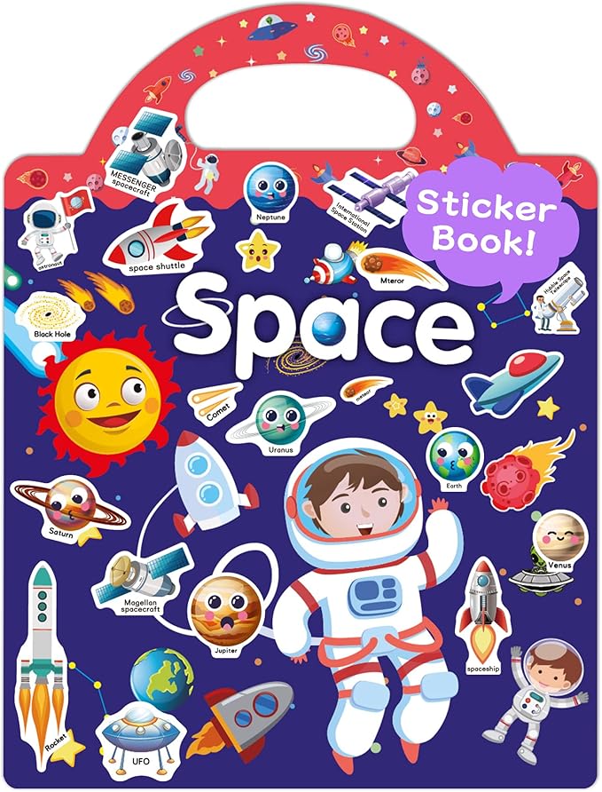 Benresive Reusable Sticker Book for Toddlers 2-4 Years, Fun Travel Stickers for Kids, Waterproof Sticker Books for Toddlers 1-3, Crafts Activities for Todddlers 1-3 2-4 3-5 - Space
