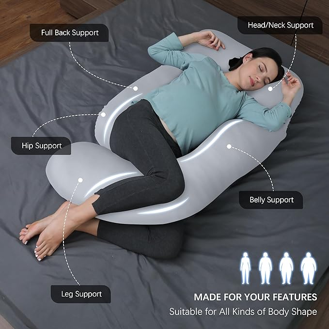 MOON PARK Pregnancy Pillows for Sleeping - U Shaped Full Body Maternity Pillow with Removable Cover - Support for Back, Legs, Belly, HIPS - 65 Inch - Light Grey - Cooling Cover