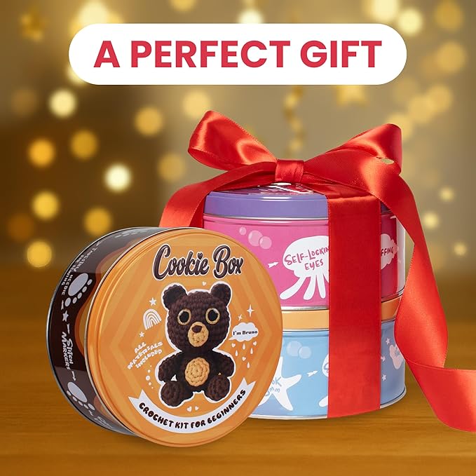 Cookie Box Crochet Kit for Beginners - Learn to Craft Amigurumi Stuffed Animals - Knitting Gift for Kids and Adults - Beginner-Friendly Yarn - Stitch-by-Stitch Video Tutorial - Bear Bruno