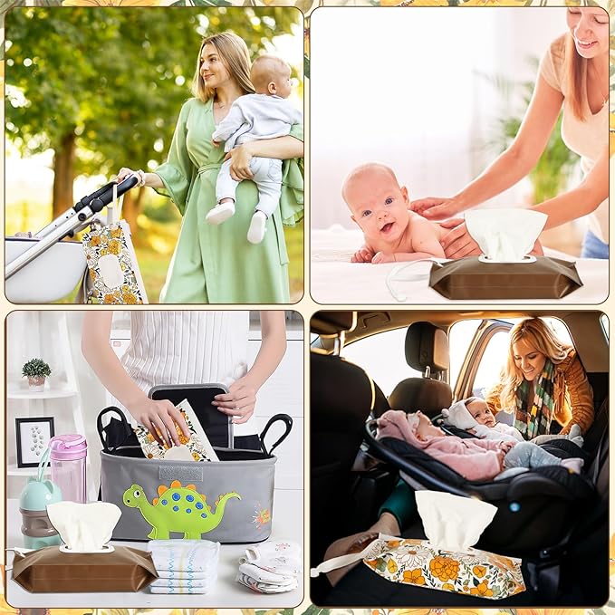 FEBSNOW 4 Pack Baby Wipes Dispenser, Portable Refillable Wipe Holder Baby Wipes Container Travel Wipes Case Reusable Wet Wipes Pouch (Floral, Cream, Brown, Pink)