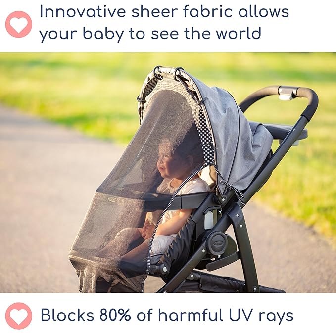 Stroller Sun Shade - Universal UV Protection Cover for Strollers Sunshade with See Through, Clip-On Sun Blocker, Sun Shield for Baby, Breathable Adjustable Fit, Full Coverage, Large