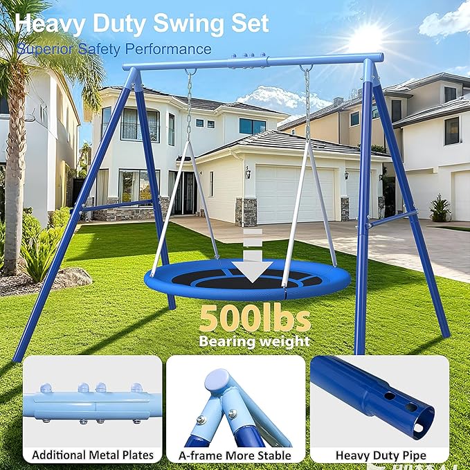 Heavy Duty 500lbs Saucer Swing Set - Outdoor Metal Frame Playground Equipment for Backyard, Includes 45'' Tree Swing & Adjustable Steel Stand - Kids/Toddlers Age 3-12