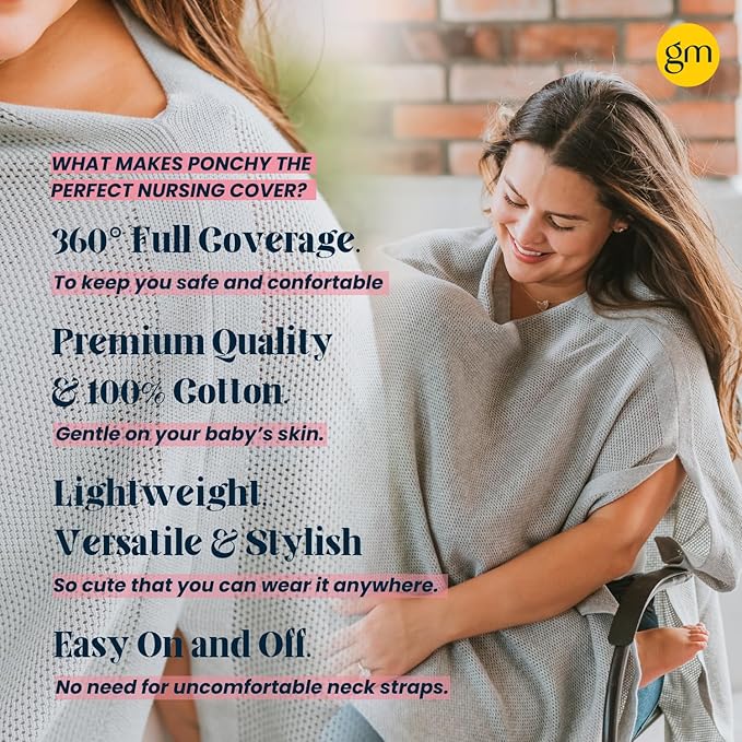 100% Cotton - Breathable Nursing Cover Up for Breastfeeding - Privacy Nursing Covers - Breastfeeding Must Haves - Ponchy by Gold Mamas - Versatile Nursing Shawl for Baby Feeding (Gray)