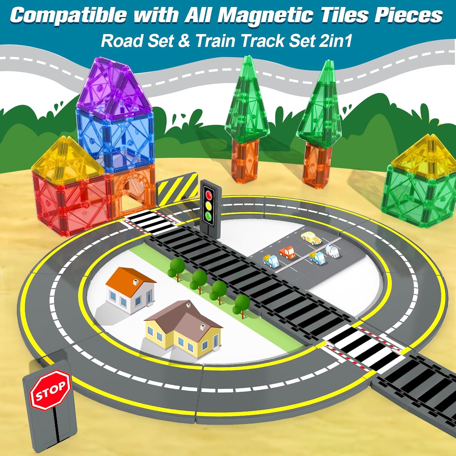 Magnetic Tiles Road & Train Track Expansion Pack Magnetic Building Blocks Construction Kids Toys for Ages 3-12 Boys Girls Building Toys Includes Road Tracks, Traffic Lights, Parking Spot
