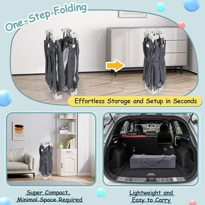 Foldable Playpen for Babies and Toddlers, 50" X 50" Large Collapsible Play Pen with Basket, 4 Handlers & 50 Ocean Balls, Portable Travel Play Yard with Carry Bag, No Installation, Grey