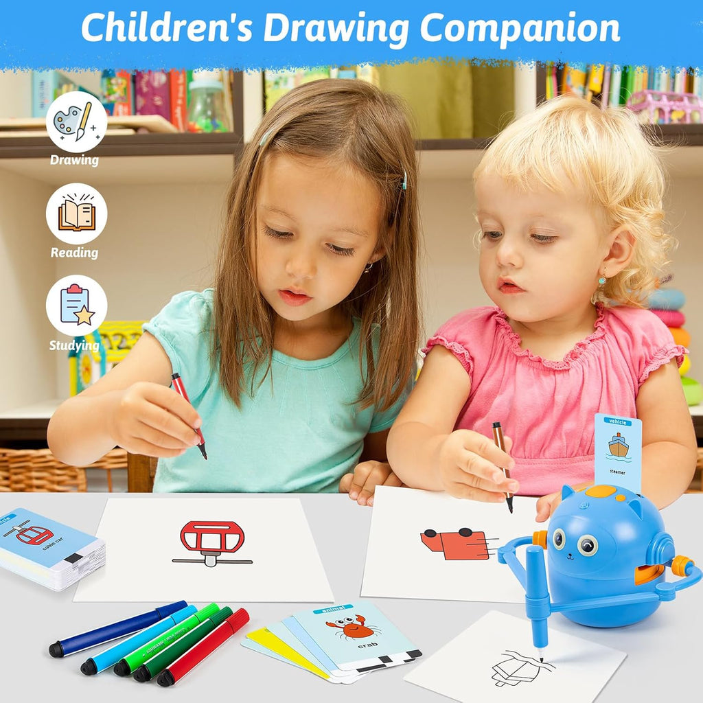 Drawing Robot for Kids, Interactive Educational Drawing Robot, Magic Painting Robot Toy with 100 Word Cards & 16 Color Pens for Girls and Boys Age 3+ (Blue)