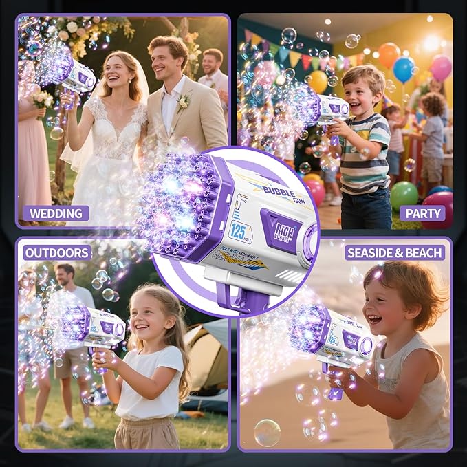Bubble Gun, 125 Holes Bubble Machine Gun, Bubble Blaster Gun for Kids, Rechargeable Bubble Gun with Bubble Solution, Summer Toy Party Favors Bubble Maker for Wedding Birthday (Purple)