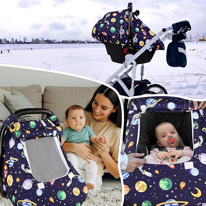 Baby Carseat Cover Winter, Pea Pod Infant Car Seat Covers Canopy for Newborn with 2 Layers Windows of Breathable Mesh/Fabric, Lightweight Polyester/Minky Dot Backing, Snug Fit Most Baby Car Seat