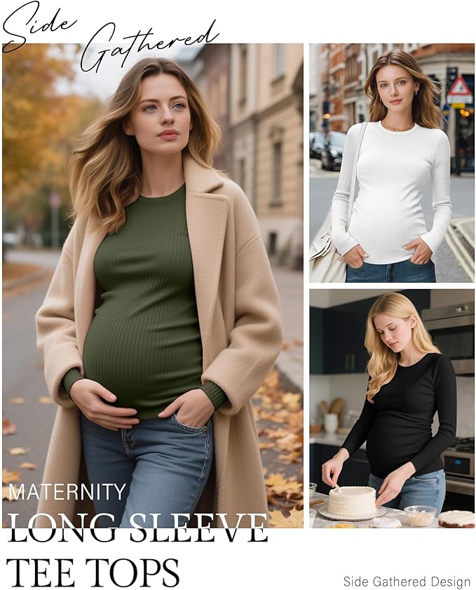 Ficerd 4 Pack Women's Maternity Shirts Cotton Long Sleeve Ribbed Crew Neck Pregnancy Tops Side Ruched Casual Mama Clothes