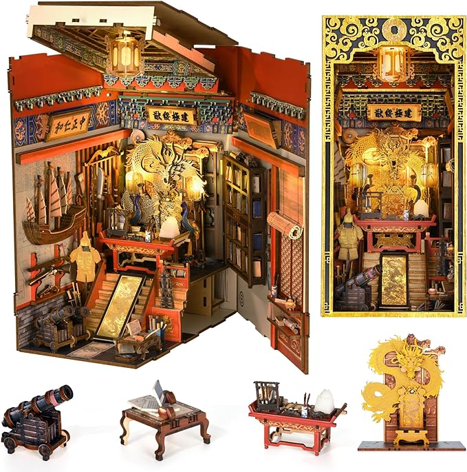 Book Nook Kit, DIY Dollhouse Booknook, Book Nook Miniature Kit for Bookshelf Insert Decor Crafts for Adults Teen Halloween, 3D Wooden Puzzle with Led Light (The Emperor's Study)