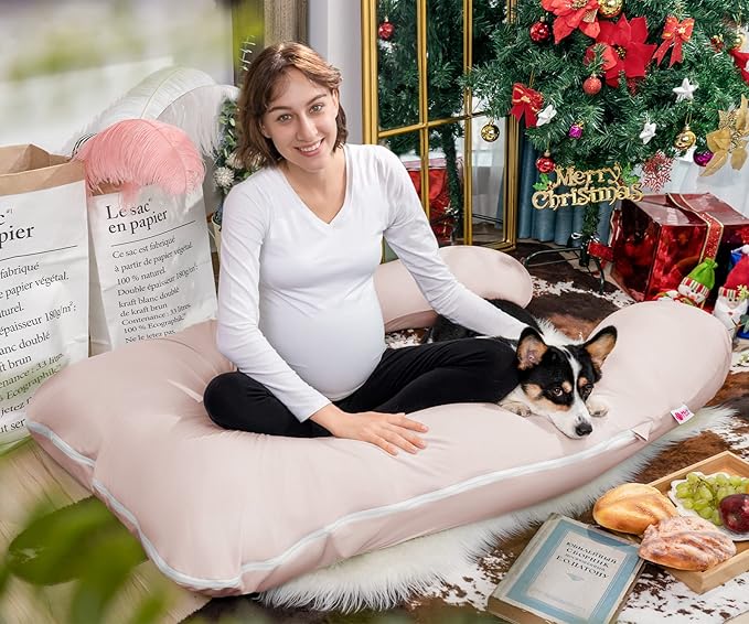 Meiz Pregnancy Pillows, Cooling Pregnancy Pillows for Sleeping, Maternity Pillow for Tall Pregnant Woman, Pregnancy Body Pillow with Cooling Jersey Cover, Apricot