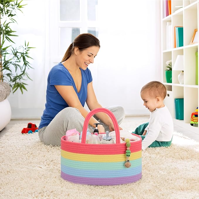COMSE Large Baby Diaper Caddy Organizer for Girl Boy, Car Caddy with Handles, Cotton Rope Basket for Changing Table, Nursery Organizer, Gift for Baby Shower and Registry Must Have, Rainbow
