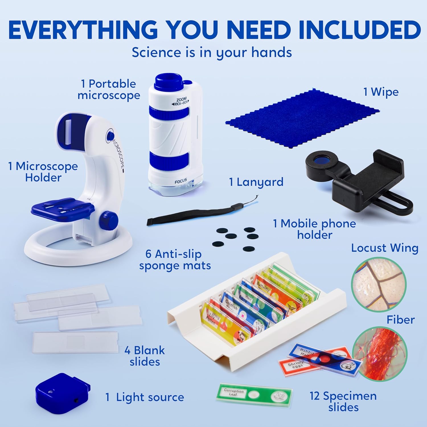 Klever Kits Microscope Explorer Set for Kids, 2 in 1 Science Experiment Toy with Portable Microscope and 12 Specimen Slides, 60X-180X, Educational Toys for Kids Aged 5+