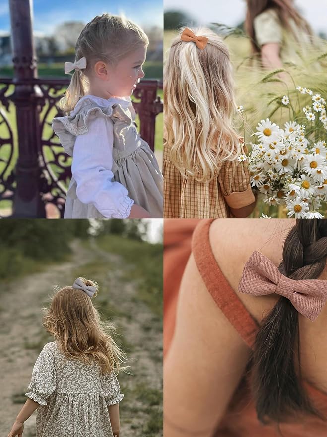 Baby Toddler Girls Hair Ties with Linen Bows, 20 pcs No Damage Elastic Nylon Ponytail Holders, Small Hair Accessories for Thick or Thin Hair