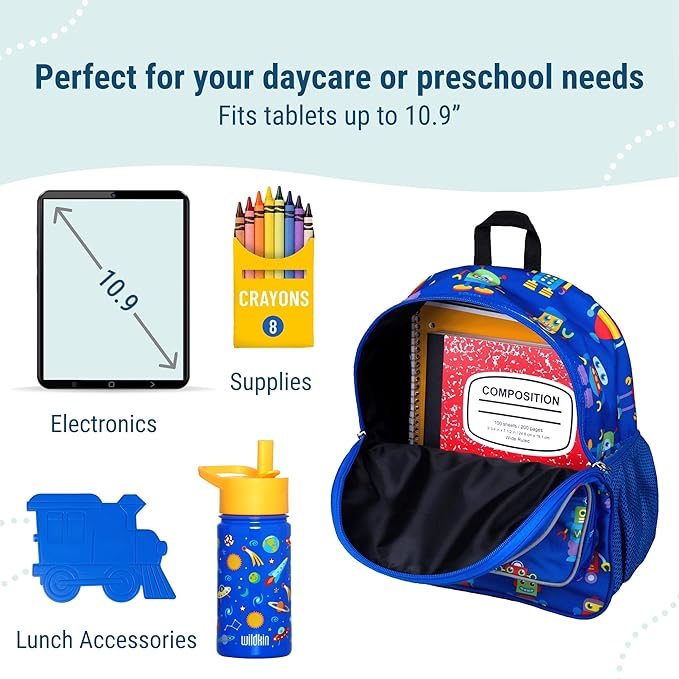 Wildkin 12-inch Kids Backpack – Padded, Adjustable, Ideal for Daycare & Travel - Robots