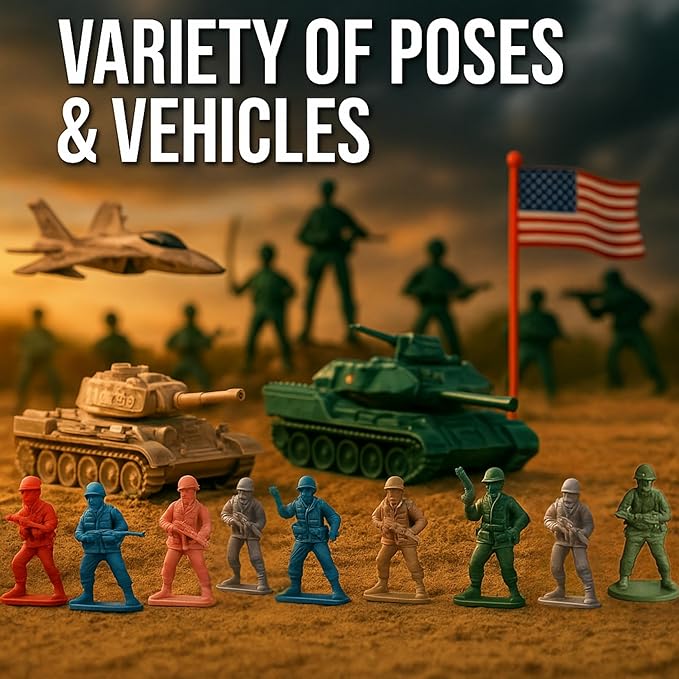 Liberty Imports Army Men Toy Soldiers Playset Bucket – WWII Action Figures with Military Vehicles, Accessories & Flags – Kids Imaginative Battle Toy Set (124 PCS - Soldiers + Mini Vehicles)