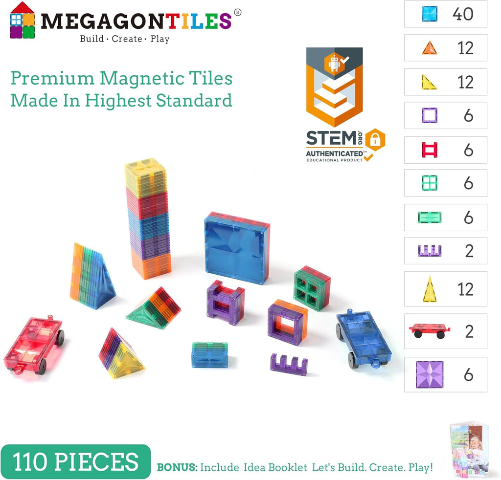 110PCS Premium MagneticTiles, MagnetTiles, STEM AUTHENTICATED, Magnetic Blocks, Magnetic Building Blocks, Magnets for Kids, MagneticTile Toy Boys Girls Age 3 4 5 6 7 8
