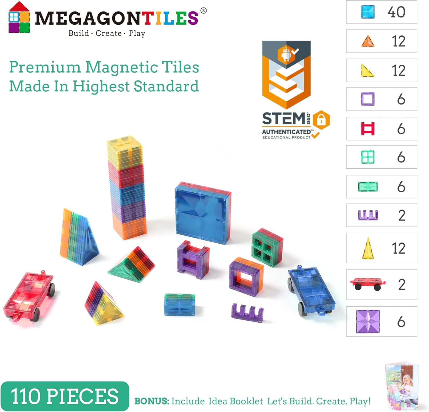 110PCS Premium MagneticTiles, MagnetTiles, STEM AUTHENTICATED, Magnetic Blocks, Magnetic Building Blocks, Magnets for Kids, MagneticTile Toy Boys Girls Age 3 4 5 6 7 8