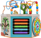 Teamson Kids Preschool Play Lab 7-in-1 Large Wooden Activity Cube Station Center Bead Maze and Counting for Kids Baby Toys, Natural