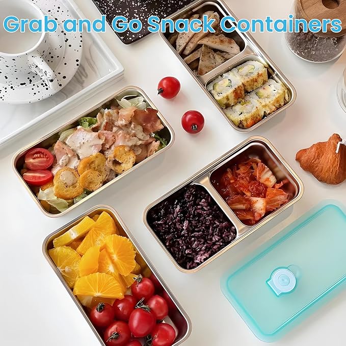 4 Set Reusable Snack Containers with Lids,2 Single and 2 Double Compartment Stainless Steel Snack Food Containers,for Snacks Dips Travel and Outdoor