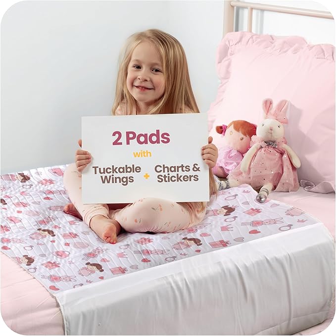 IMPROVIA® Toddler Bed Wetting Pad – 2 Pack 34x36 Waterproof Mattress Protector with Tuckable Wings – Ultra Absorbent, Non-Slip Washable Underpad for Kids & Potty Training – Doll Design (Doll)