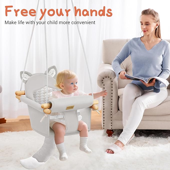Wooden Hanging Baby Swing with Soft Safety Belt, Cozy Infant Swing Seat for Indoor & Outdoor Use, Adjustable Height, Includes Mounting Hardware – Suitable for Babies & Toddlers（Fox-Themed in Gray