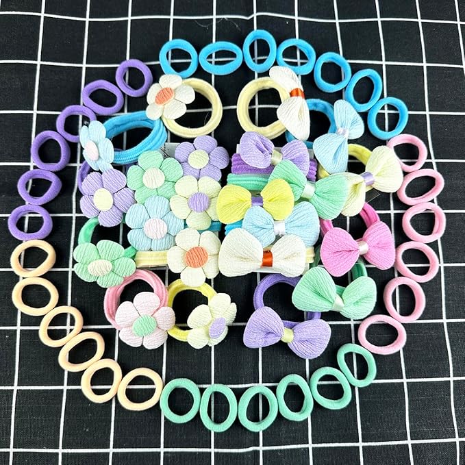 54PCS Girls Hair Ties Bows and Flowers Ponytail Elastic Bands,No Damage Elastic Ponytail Holders Hair,Hair Bows No Slip Durable Fabric ponytail fixator Multicolor