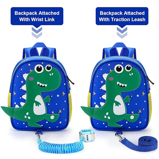 Accmor Toddler Backpack Leash, Cute Dinosaur Kids Backpacks with Anti Lost Wrist Link, Mini Child Bag Tether Baby Walking Harness Wristband Protection Rope for Boys Girls Aged 1-3 to Travel Outdoor