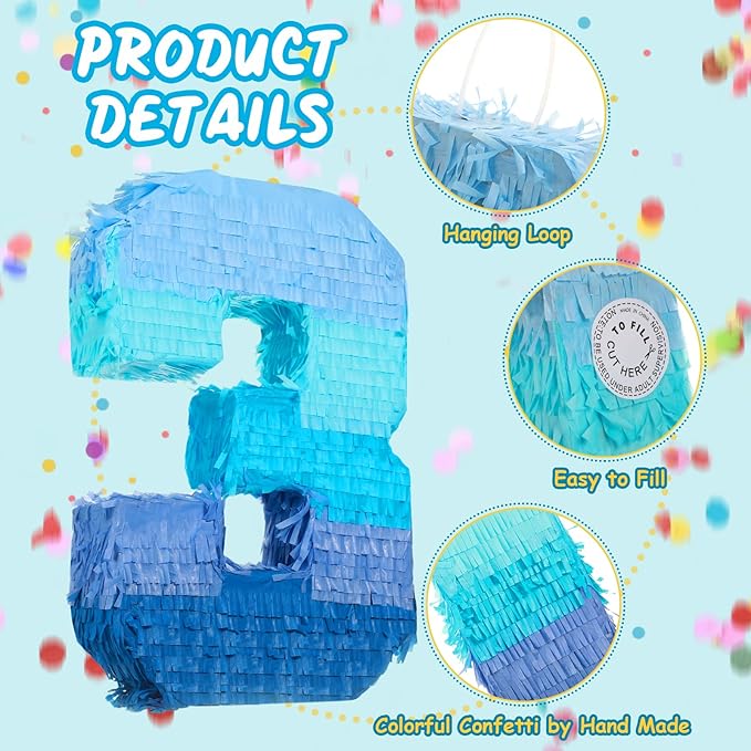Sratte Number 1 2 3 4 5 6 7 8 9 Piñata with Stick Blindfold Confetti, Gradient Blue Piñata for Kids Boys Girls Birthday Party Anniversary Decorations Supplies(Number 3)