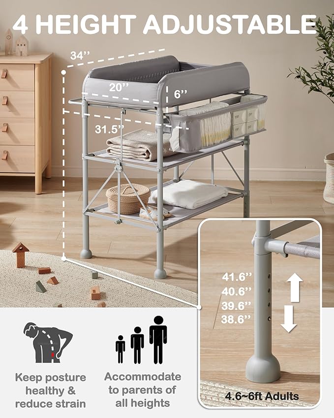 BEKA Diaper Changing Station, Portable Changing Table for Baby, Waterproof, Folding Portable Changing Station, Adjustable Height w/Organizer, Mobile Nursery Diaper Changing Table for Baby, Newborn