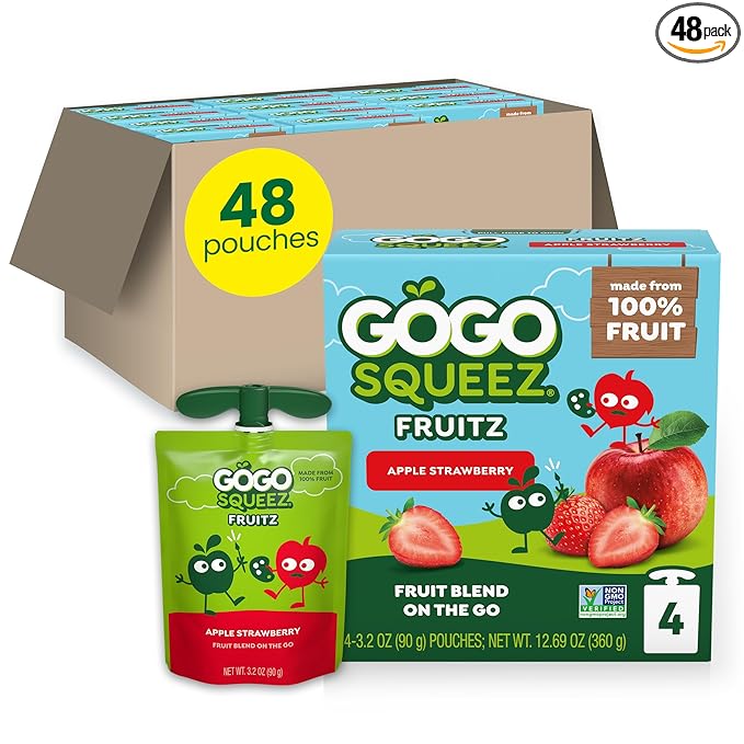 GoGo squeeZ Applesauce and Fruit Puree, Apple Strawberry, 3.2 oz (Pack of 48), Unsweetened Fruit Snacks for Kids, Gluten Free, Nut Free, Recloseable Cap, BPA Free Pouches (Packaging May Vary)