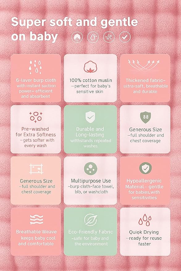 Pink Muslin Burp Cloths Set of 6, Baby Boy Essentials 6 Layer Super Absorbent, Soft & Gentle Muslin Washcloths Baby, Large Size 20"x10" Burp Clothes