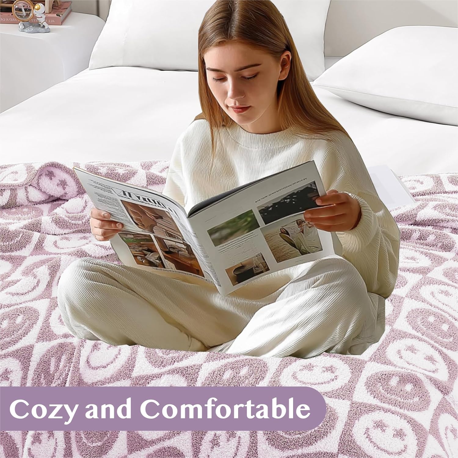 WRENSONGE Checkered Throw Blanket Lilac Smiling Face Soft Cozy Fluffy Warm Hand Made Weave Throw Blankets for Couch, Sofa, Chair, Bed, Camping, Picnic, Travel Lightweight Bed Blanket - 60"*80"