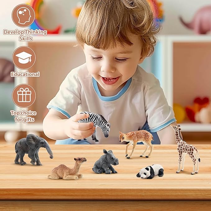 Toymany 12PCS Forest Animals Baby Figurines, Realistic Woodland Animals Figures Toys Includes Elephant, Mountain Lion, Giraffe and Deer Cubs, Cake Toppers Christmas Birthday Gift for Kids Toddlers