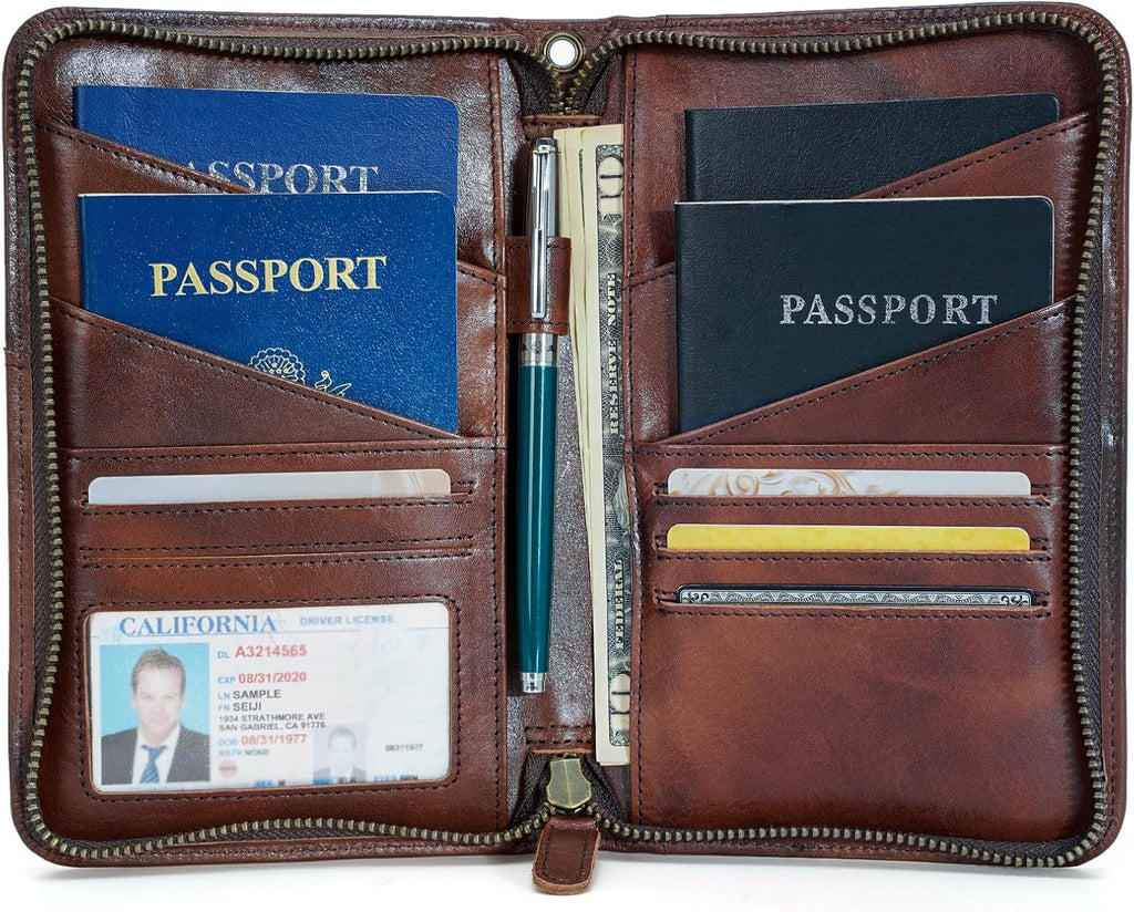 Polare Full Grain Leather Passport Holder Cover Case for Men and Women RFID Blocking Family Travel Wallet Holds 6 Passports