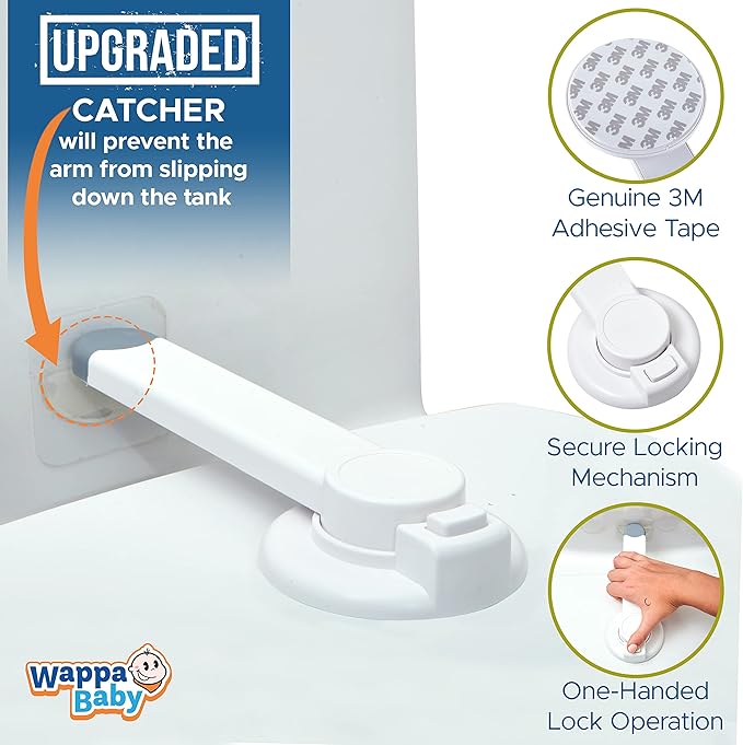 Baby Toilet Lock by Wappa Baby - 9"L x 4"W - Ideal Baby Proof Toilet Lid Lock - No Tools Needed Easy Installation with 3M Adhesive - Top Safety Toilet Seat Lock - Fits Most Toilets - White (1 Pack)