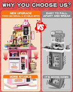 33.8IN Kids Kitchen Playset, 63 PCS Kid Play Kitchen with Realistic Lights & Sounds, Spray Sink Toy Kitchen Accessories, Pretend Food Toys Kitchen for Boys Girls Toddlers(Pink)