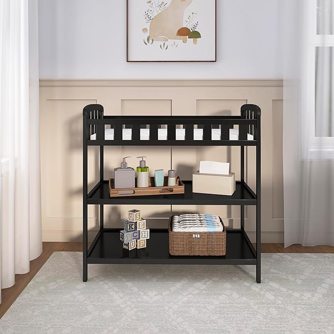 Dream On Me Emily Changing Table In Black, Comes With 1" Changing Pad, Features Two Shelves, Portable Changing Station, Made Of Sustainable New Zealand Pinewood