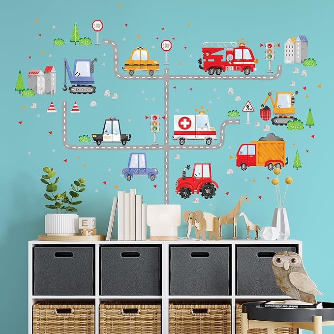 Car Wall Decals by Lipastick - Peel and Stick Transport Road Trucks Stickers for Boys Room, Toddler Bedroom, Baby Nursery, Kids Playroom, Living Room- Removable Decor - M Size