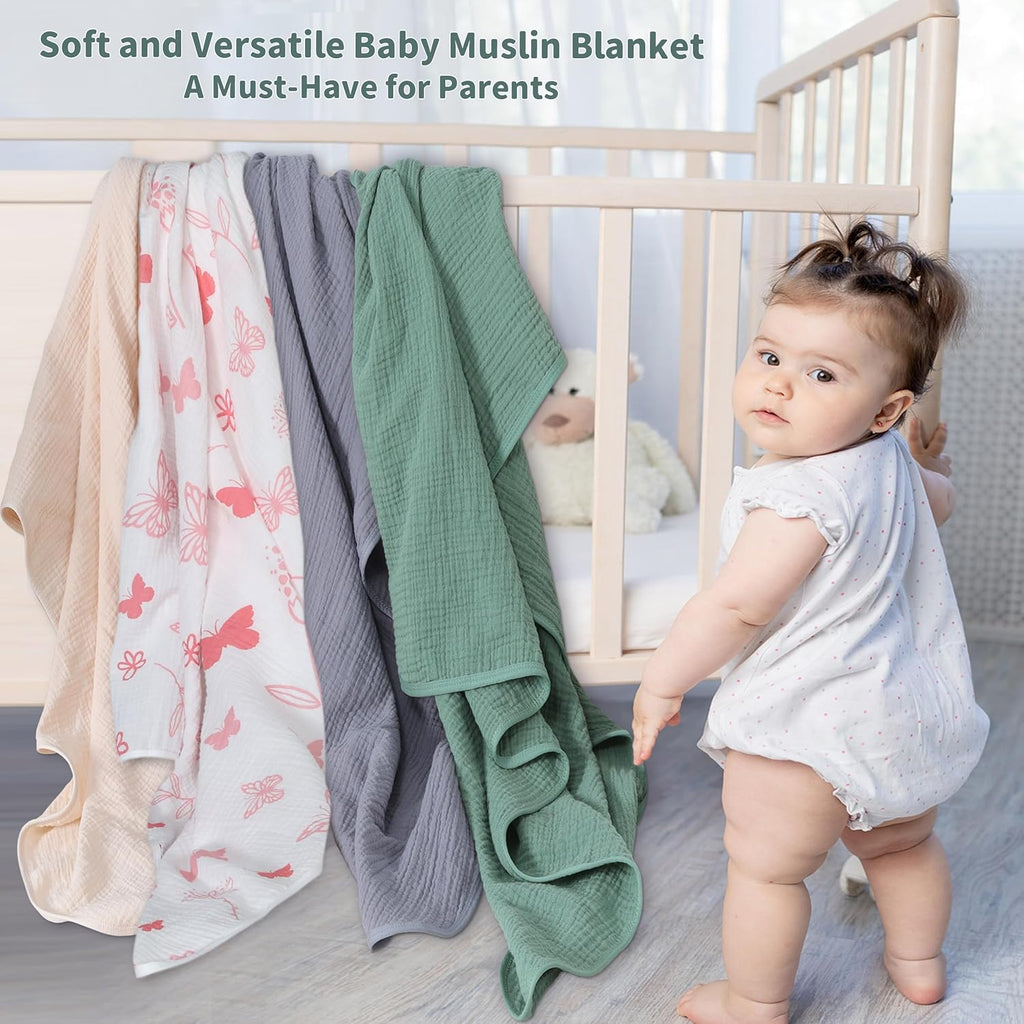 Muslin Swaddle Blankets for Newborn, 2 Pack Breathable Soft Receiving Blanket, Large 41 x 41 inches Swaddle Wrap Burping Clothes, Essentials Infant Shower Items. (Gray & Pink Butterfly)
