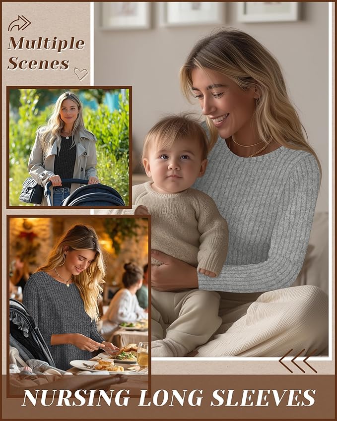 3 Pack Women's Nursing Long Sleeve Tops Breastfeeding Thermal Sweaters with Hidden Zipper Maternity Ribbed Shirts