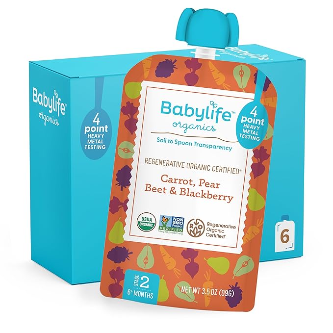 Babylife Organics Stage 2 - Carrot, Pear, Beet & Blackberry, 3.5 Ounce Pouch (6 Pack) - Heavy Metal Safe, Organic Baby Food