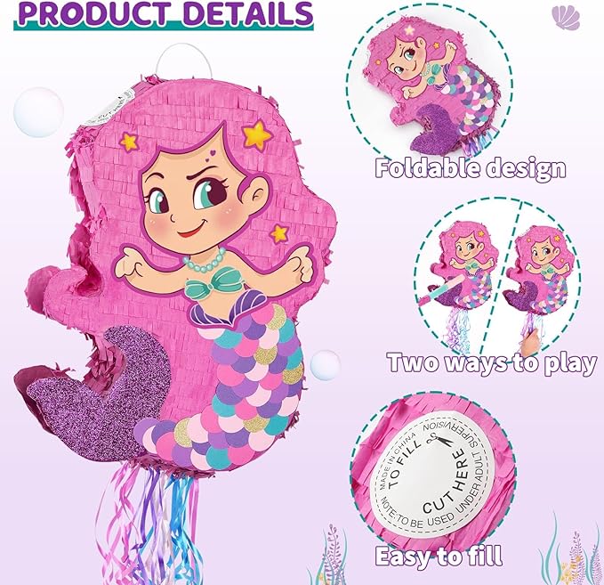 WERNNSAI Foldable Mermaid Pinata - Pull String Mermaid Birthday Party Supplies Extendable Mermaid with Blindfold Bat and Tassels Mermaid Party Decoration Folding Mermaid Girl Piñatas for Game