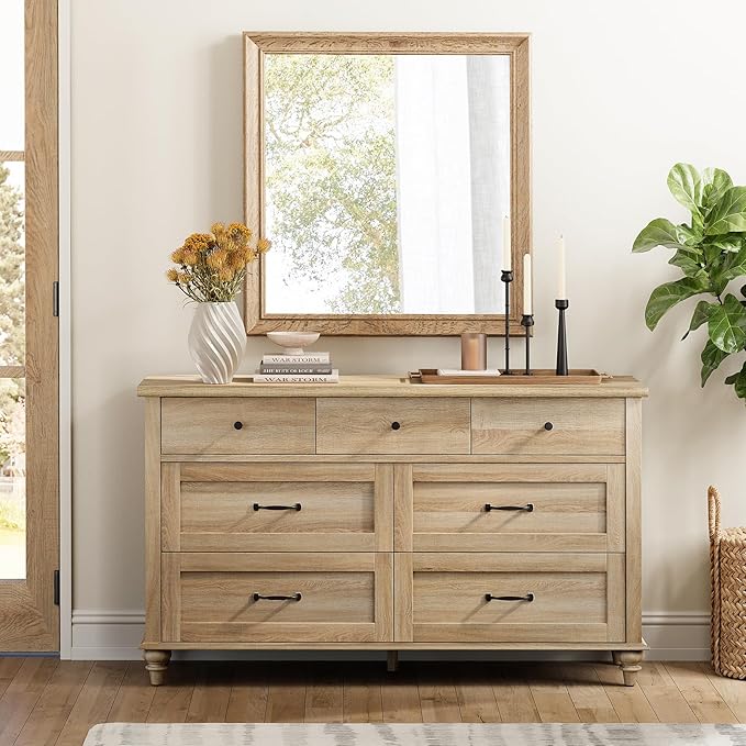 WAMPAT Wide Kids Dresser with 7 Drawers for Bedroom, Farmhouse Baby Dresser for Nursery & Kids Room, Wooden Chests & Dressers Closet Organizer for Children's Bedroom, 54 Inch, Oak