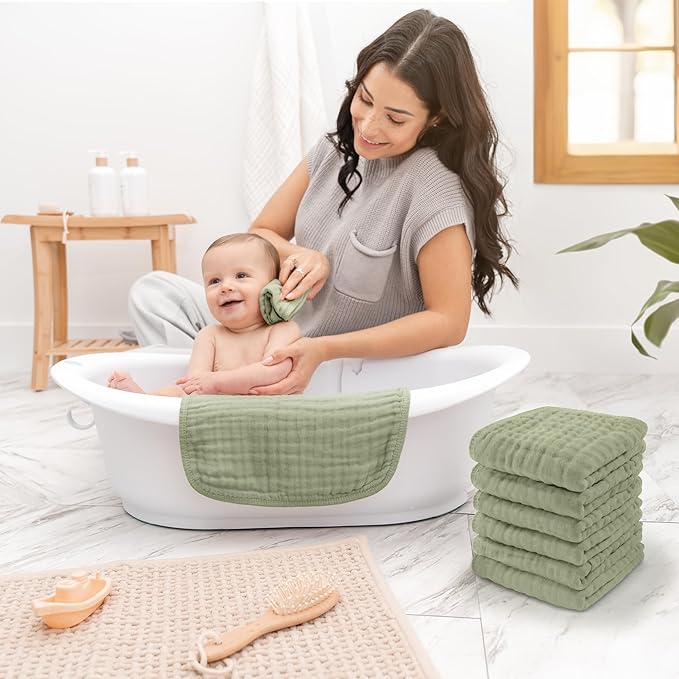 Comfy Cubs Muslin Baby Washcloths 10 Pack - Soft 6-Layer Cotton Wash Cloths for Sensitive Skin - 10"x10" Large, Gentle, Absorbent Infant Essentials for Newborn and Toddlers - Sage