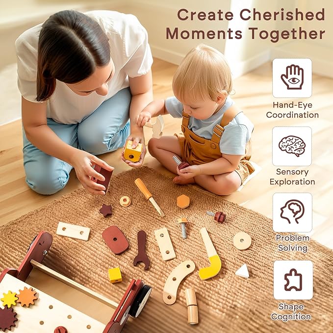 OESSUF 2-in-1 Wooden Baby Walker with 40 PCS Tool Toys – Baby Push Walker for 6-12 Months, Activity Center for Toddlers Aged 1-3 Years, Montessori Toy for Boys and Girls (Red)