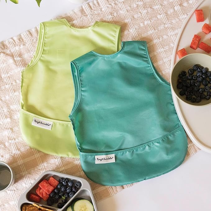 Tiny Twinkle Mess Proof Apron Bibs - 2 Pack Waterproof & Lightweight Baby Bibs for Led Weaning | 100% Recycled Polyester, Easy Clean & Machine Washable (Rainforest, Small 6-24 Months)