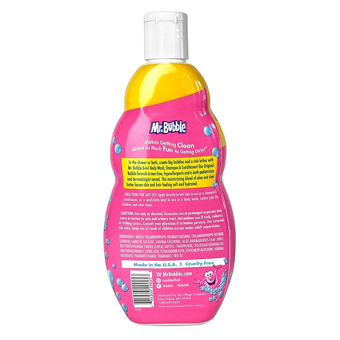 Mr. Bubble Kids Original 3in1 Shampoo, Conditioner, Body Wash – Hypoallergenic, Tear Free Bubble Gum Scented, Creates Big Bubbles In The Tub And Shower (Pack Of 2 Bottles, 16 fl oz Each)