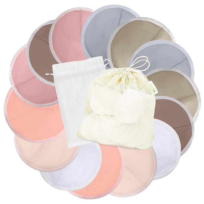 wegreeco Nursing Breast Pads (14 Pack) + Laundry Bag & Travel Storage Bag, 4.7 inch - Washable & Reusable Breastfeeding Nursing Pads (Mild, Large, Contoured Shape)
